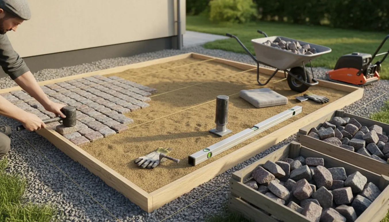 Chaussesten-terrasse under opbygning i baghave med sten, sand og værktøj.