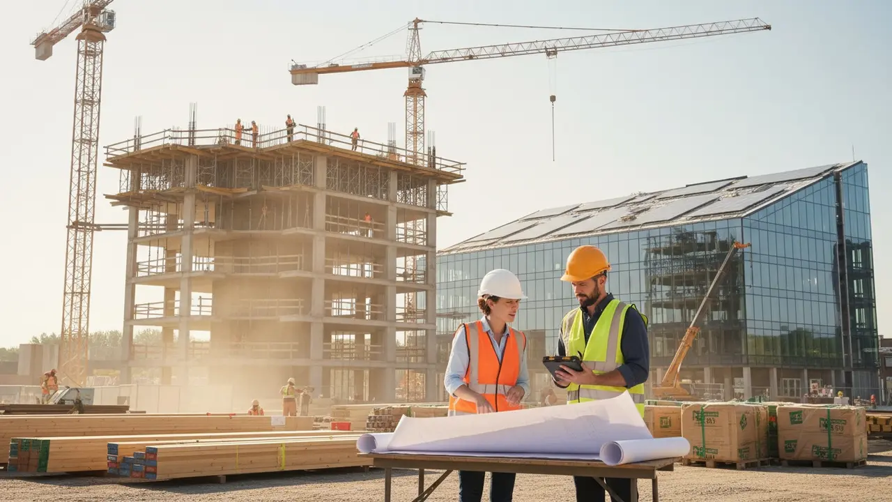 Byggeplads med arkitekt, ingeniør og håndværkere ved arbejde
