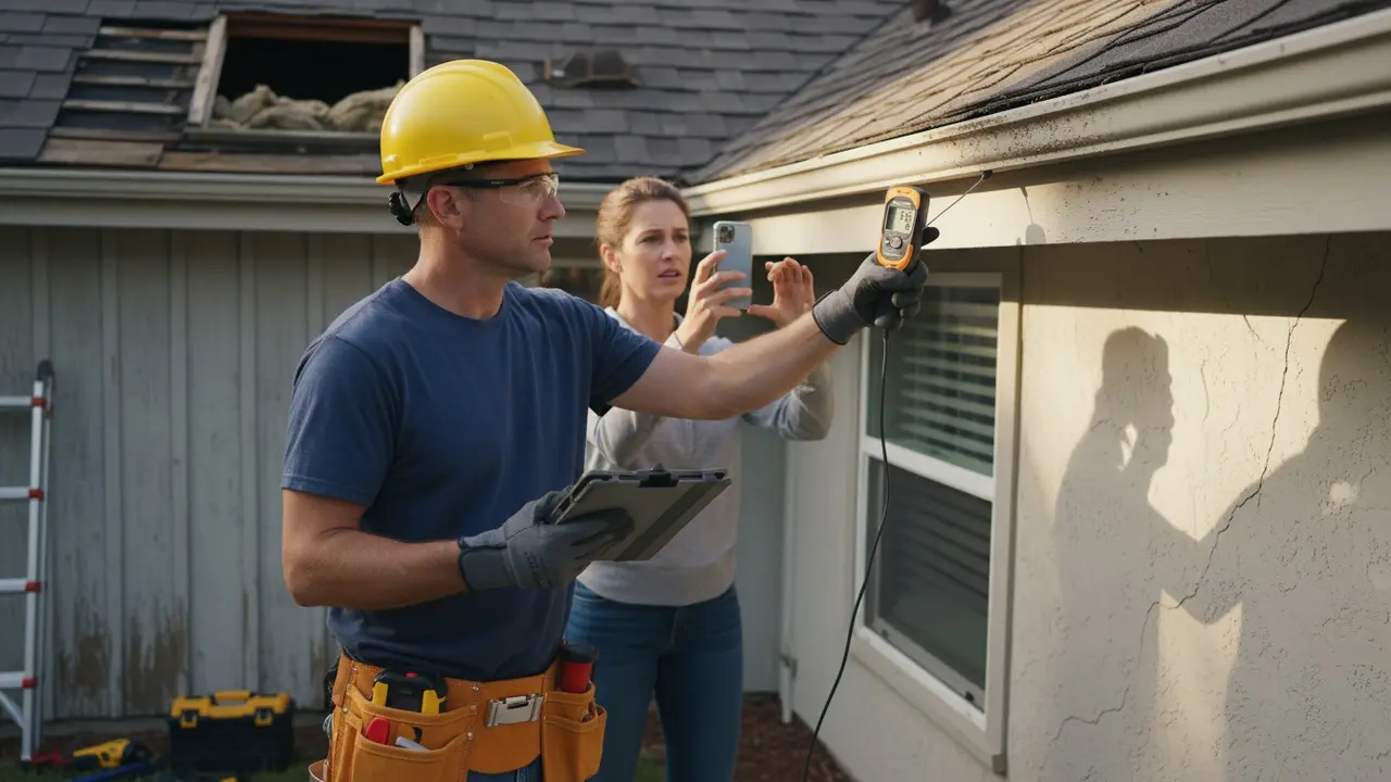 Husinspektør undersøger bolig med måleudstyr og tjekliste