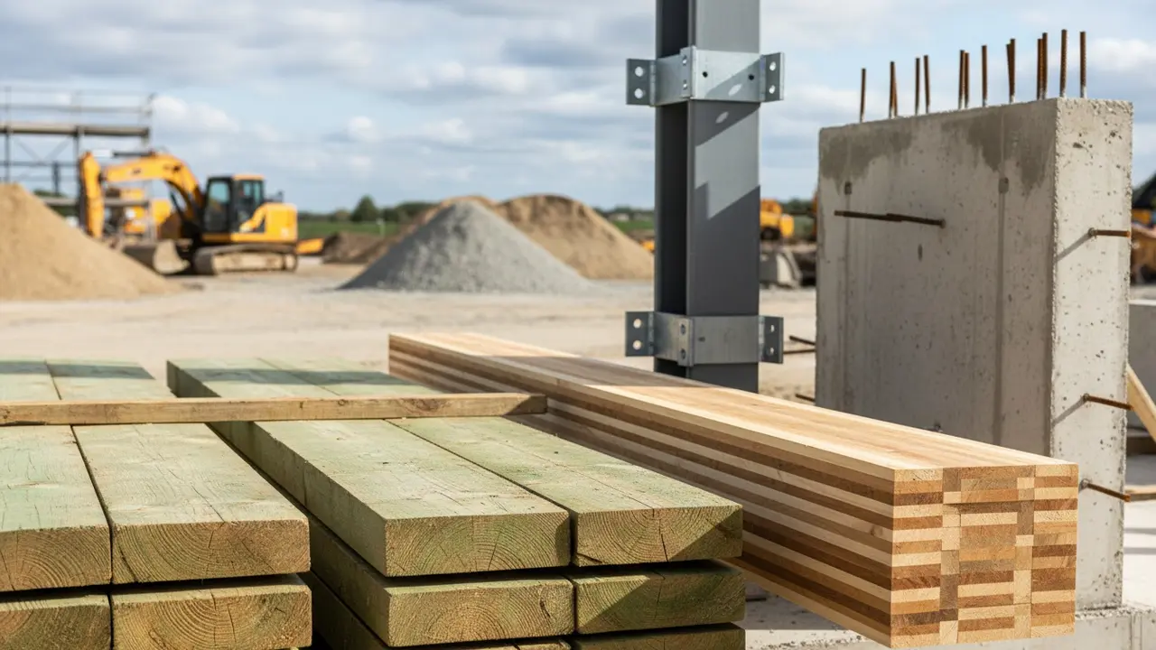 Samling af bærende byggematerialer: træ, limtræ, stål og beton