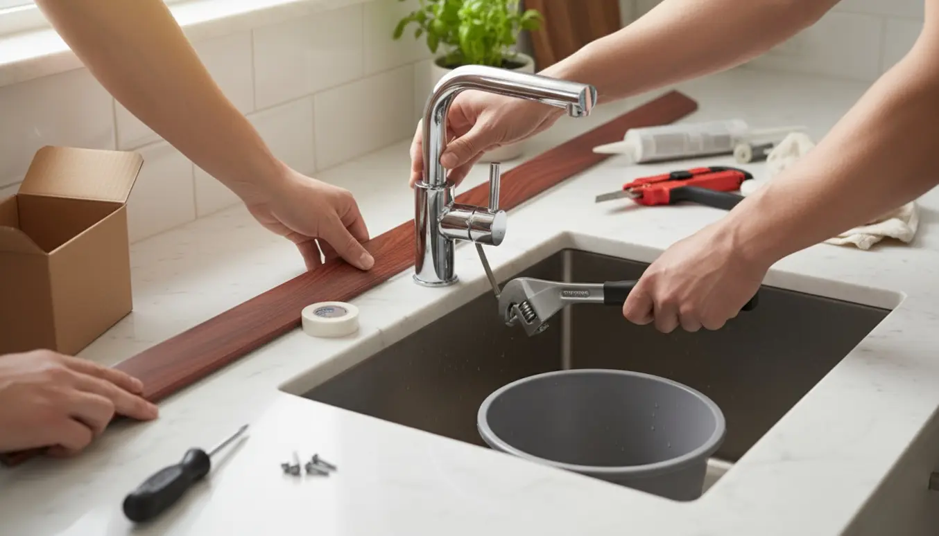 Nærbillede af hænder, der monterer et nyt krom blandingsbatteri ved køkkenvask og tilpasser en mahognifarvet skureliste langs bordkanten.