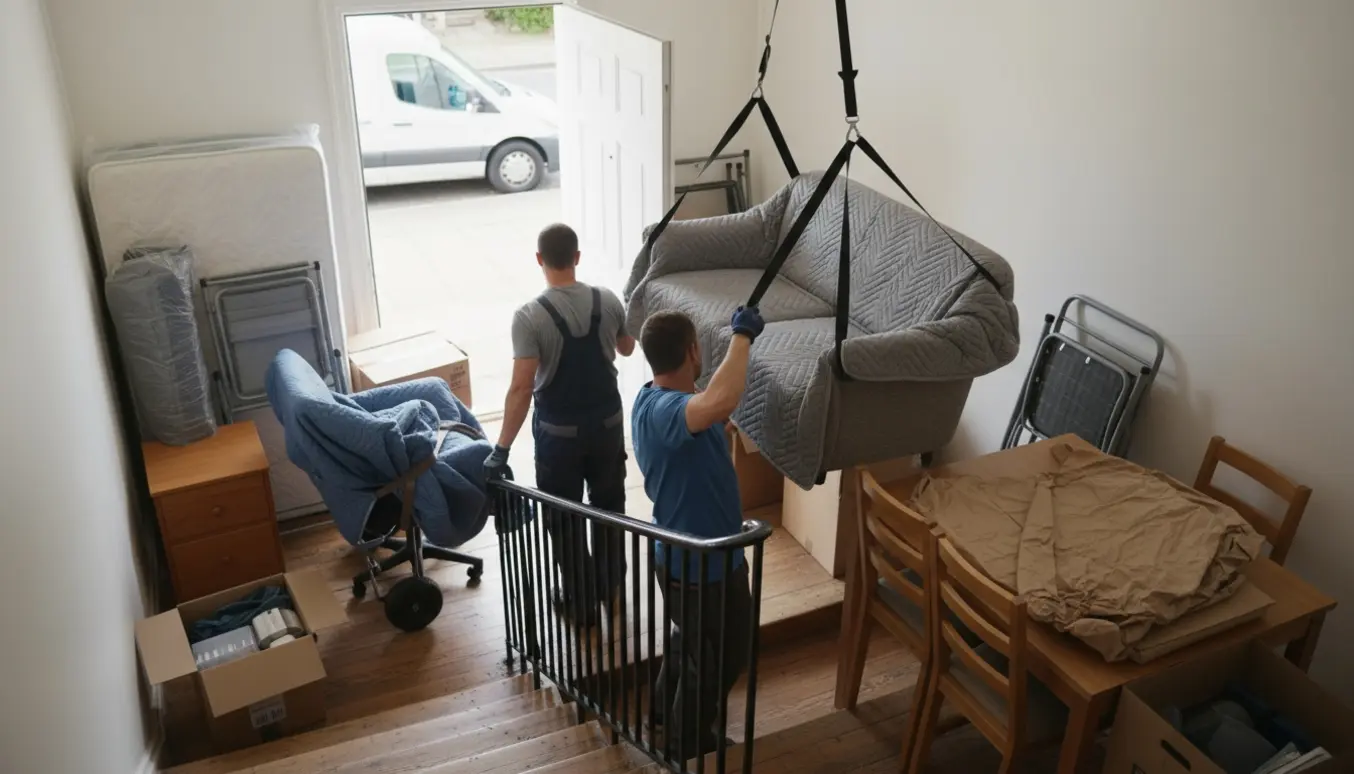 Flyttefolk bærer en lille sofa og møbler ned ad trappen fra 2. sal med flyttekasser og beskyttelsestæpper omkring dem.