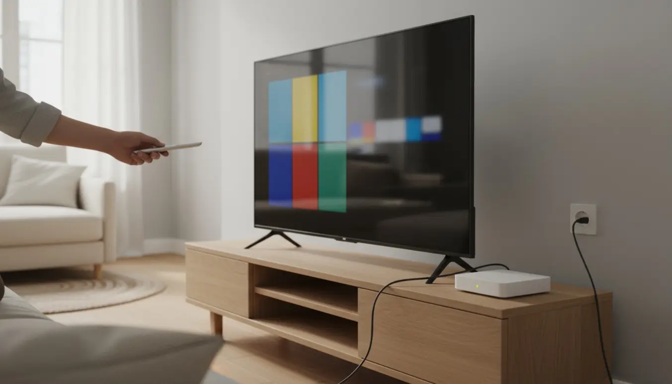 Hænder tilslutter et TV til en vægkoaksialforbindelse i en moderne stue.