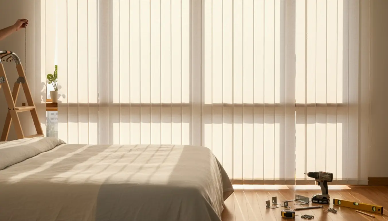 Nyinstallerede hvide lamelgardiner i et lyst soveværelse med blødt sollys gennem lamellerne.