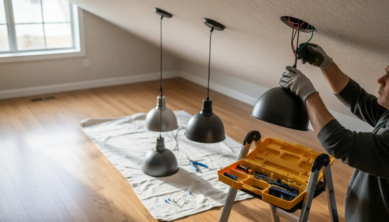 En person på en stige fjerner fire loftslamper med handsker og værktøj.