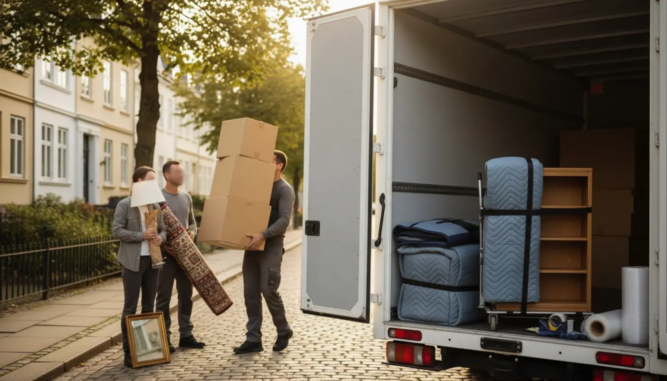To personer bærer flyttekasser ind i en åben flyttebil på en stille, træbevokset villavej.