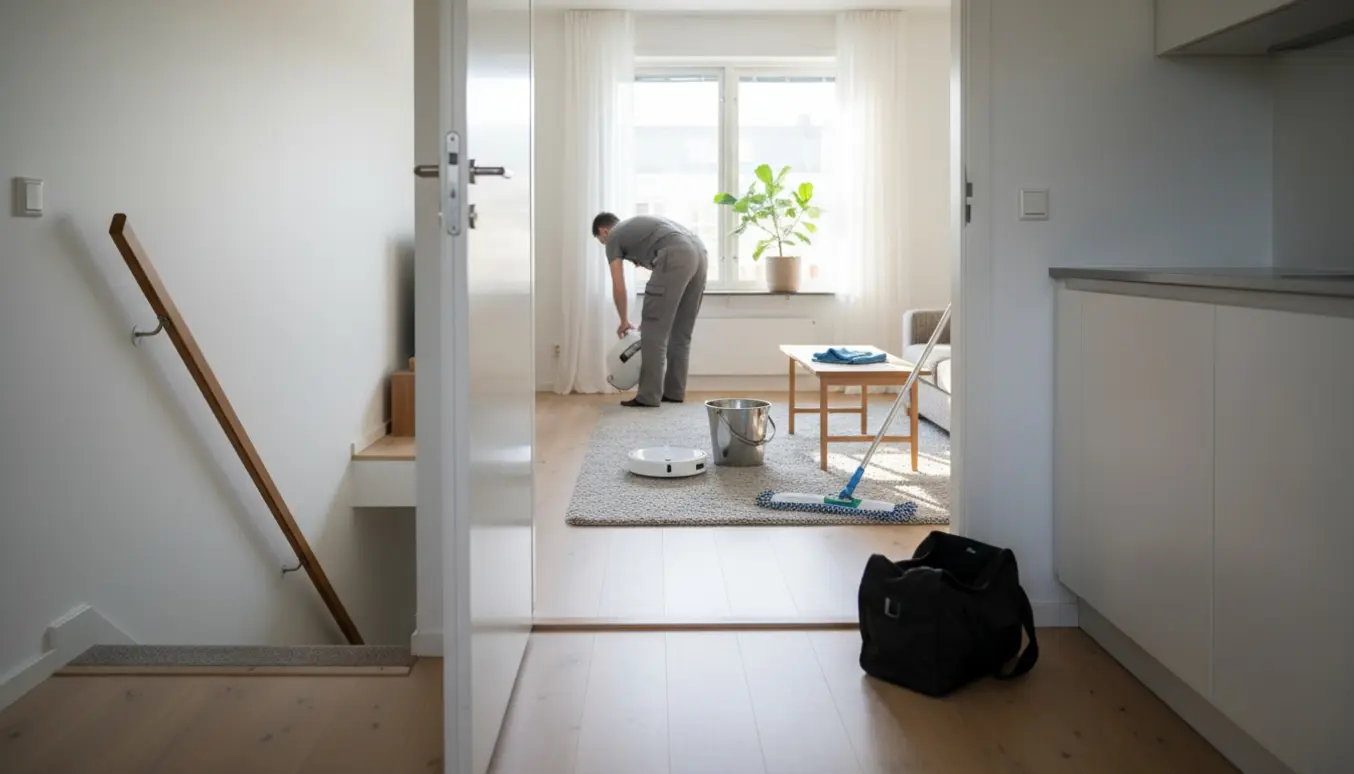 Rengøringsperson uden synligt ansigt støvsuger en lys, moderne 2-værelses lejlighed om morgenen.