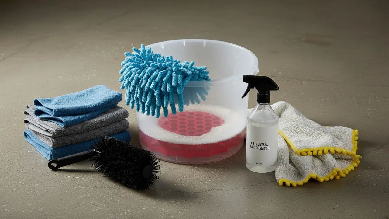 Oversigt over bilvaskudstyr: spand med grit guard, mikrofiberhandske, børste og shampoo