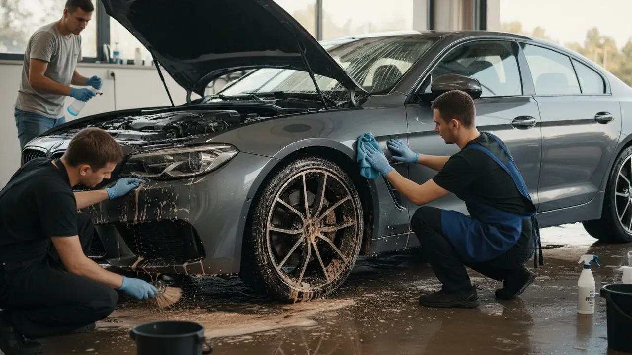 Flere rengøringsaktiviteter: rens af fælg, aftørring af dørkarme og ruder, motorbeskyttelse synlig