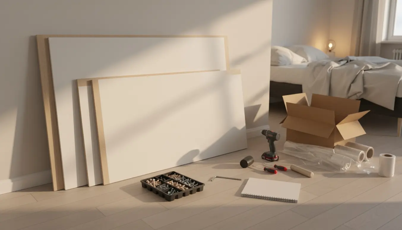 Umonteret Fredensborg garderobeskab i soveværelse med paneler, værktøj og emballage klar til samling.