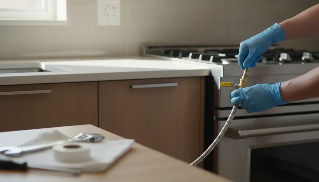 Næroptagelse af udskiftning af et gaskomfur i et lyst køkken, hvor hænder tilslutter gasledningen.