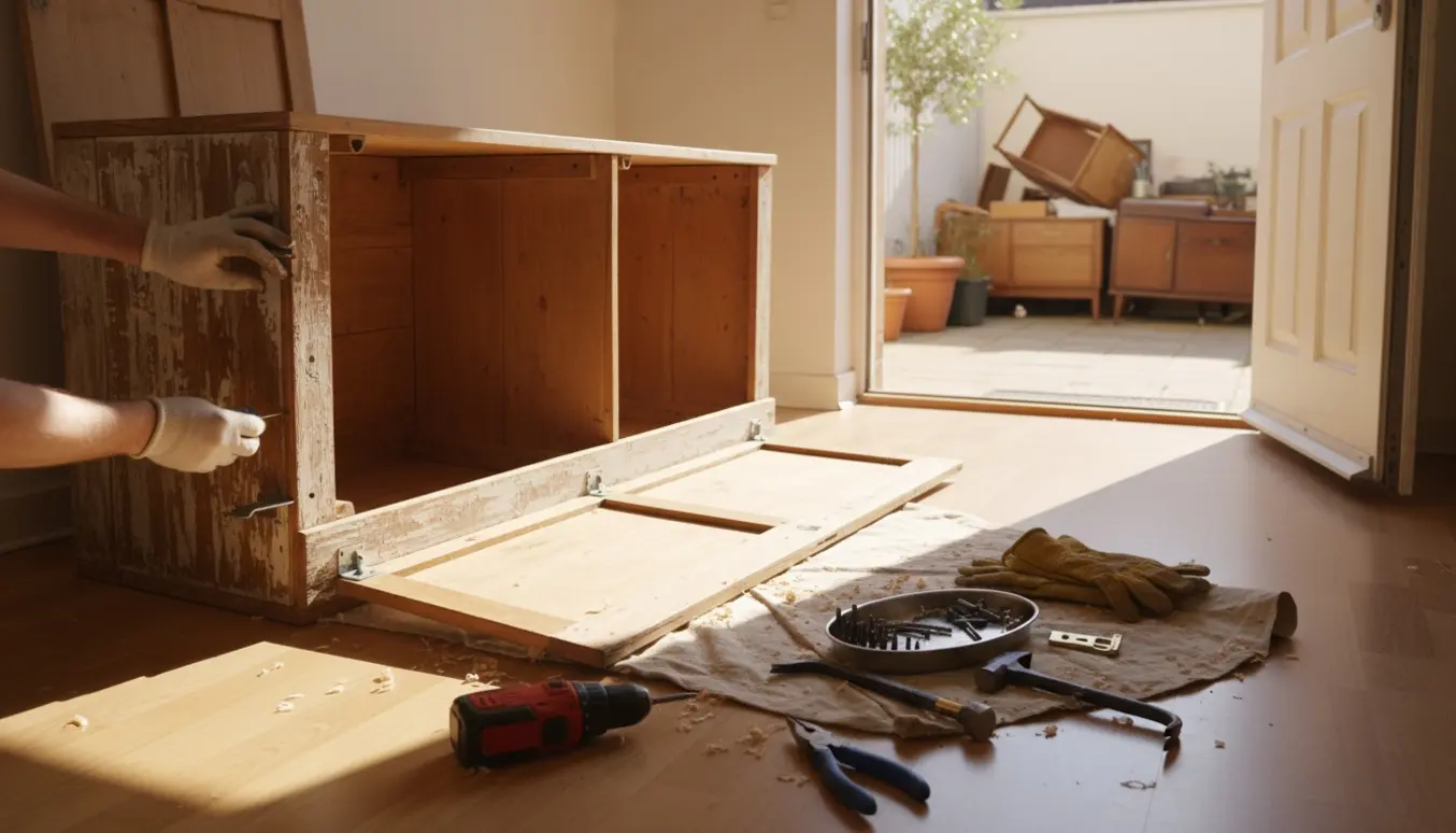 Halvt adskilt klædeskab med værktøj i en stuelejlighed og storskrald klar udenfor.