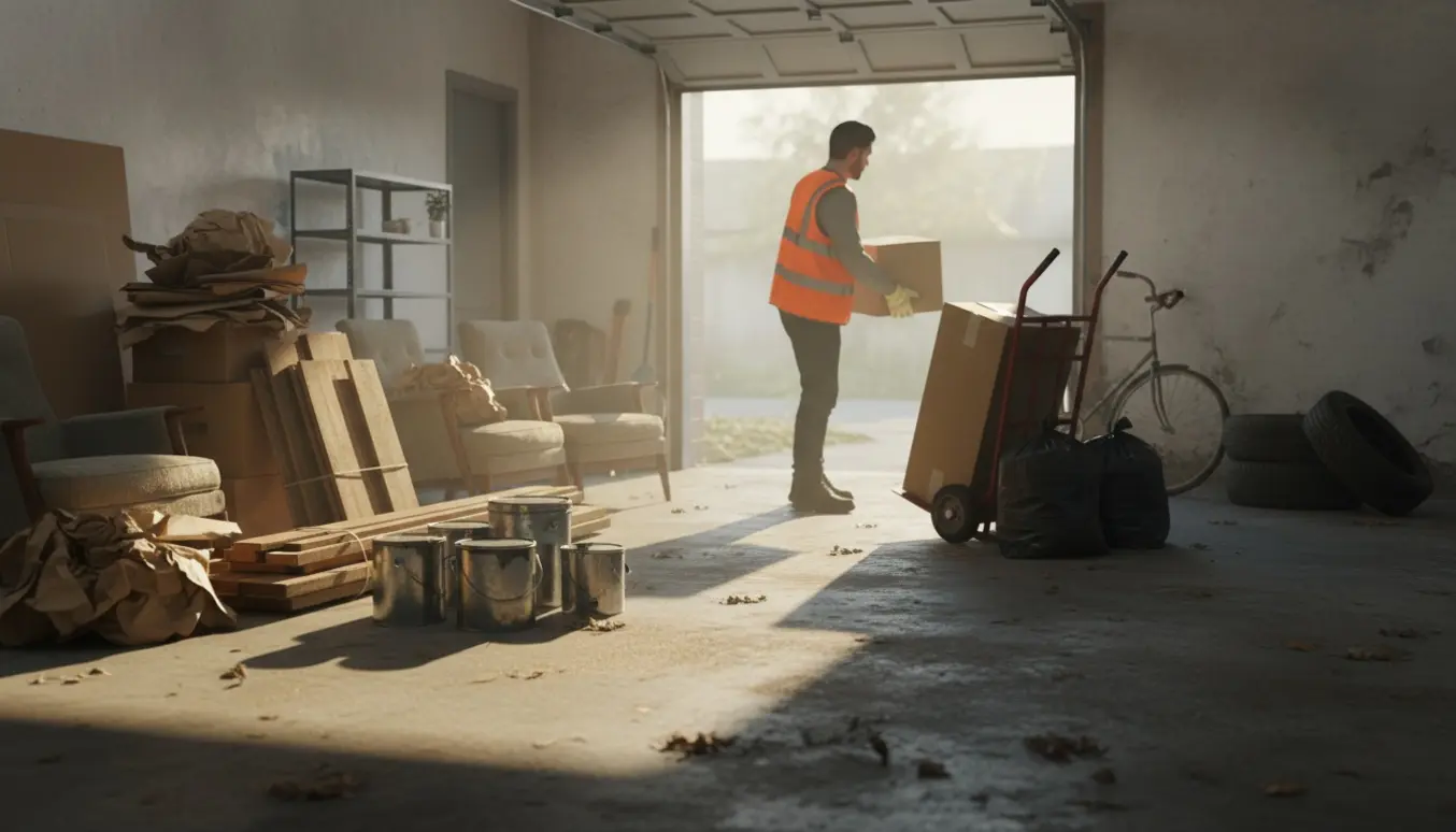 Åben garage med pap, møbler, brædder, malerbøtter, bildæk og en cykel, mens en person uden synligt ansigt løfter en kasse.
