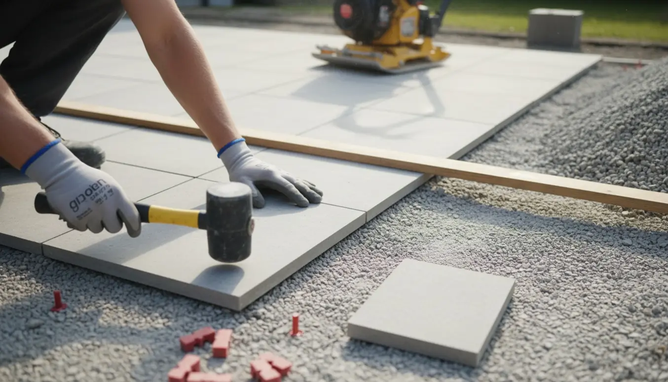 Nærbillede af lægning af 60x60 fliser på komprimeret stabilgrus med stamper og afretter.