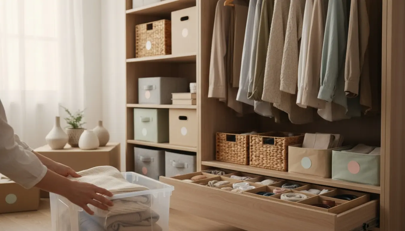 Hænder organiserer tøj og opbevaringskasser i et lyst, ryddeligt hjem med åbne skabe og ordnede hylder.