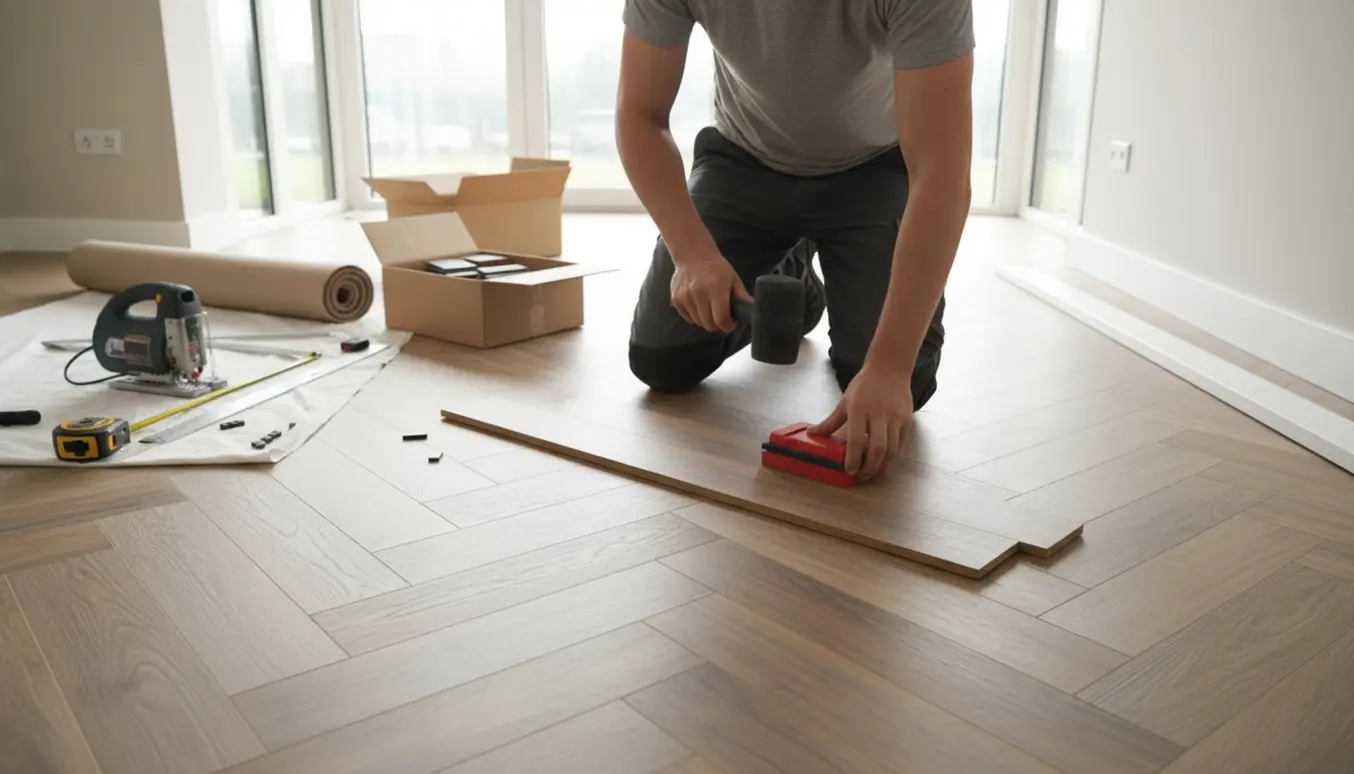 En gulvlægger lægger et sildebens klik-vinylgulv i et lyst, moderne rum med fokus på hænder og planker.