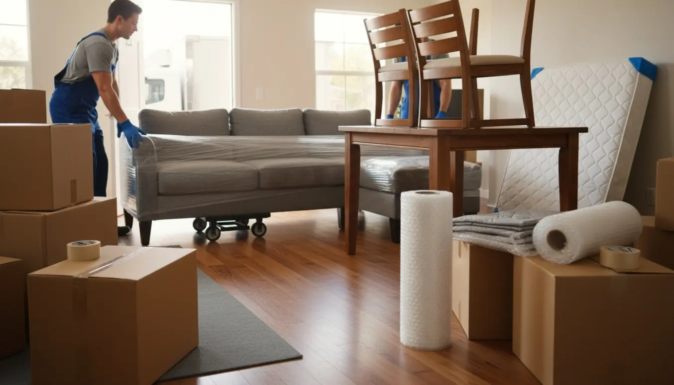 Sofa, spisebord, seng og stabler af flyttekasser i en lys entré under en flytning, med flyttefolk uden synlige ansigter.