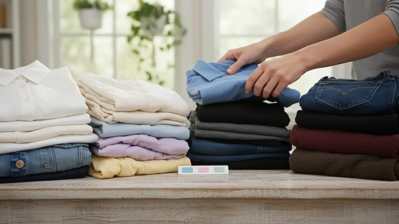 To adskilte bunker vasketøj: hvide/lyse versus mørke farver under sortering