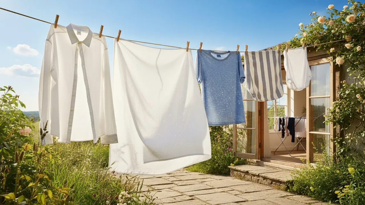 Udendørs tørresnor med tøj i solskin, frisk luft til bæredygtig tørring