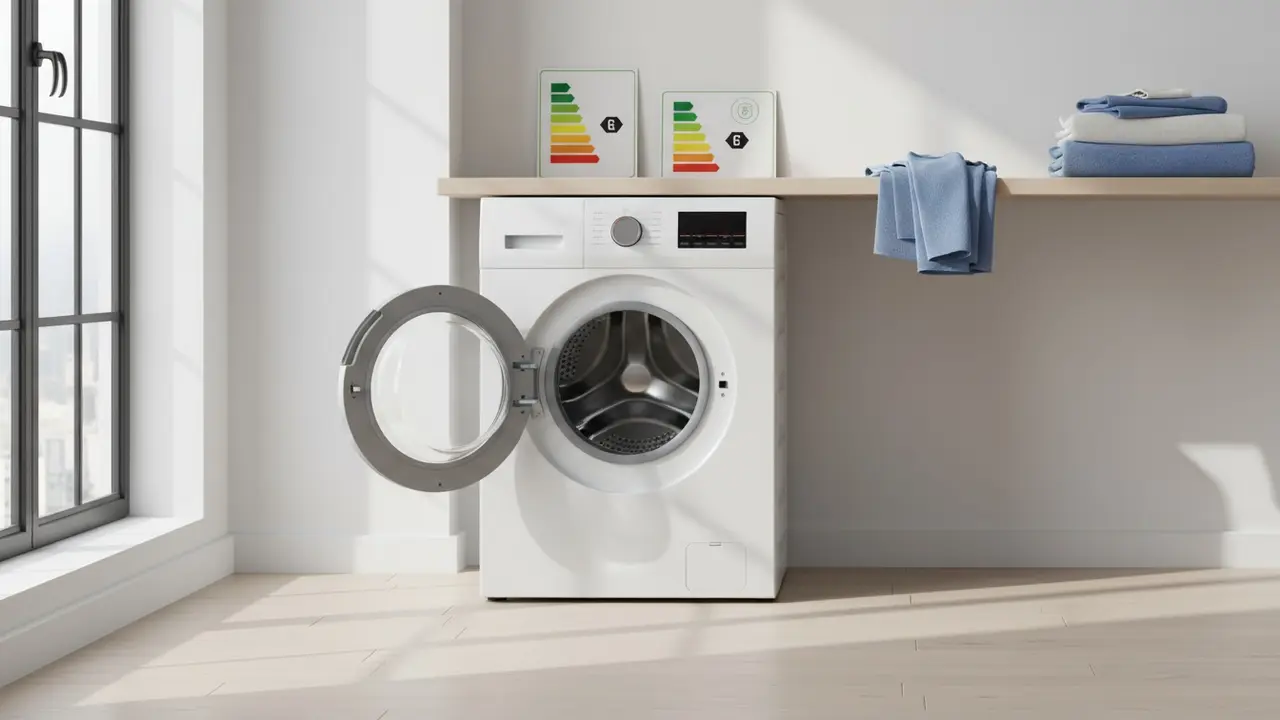 Moderne energieffektiv vaskemaskine i lyst vaskerum med farvede energimærkeikoner
