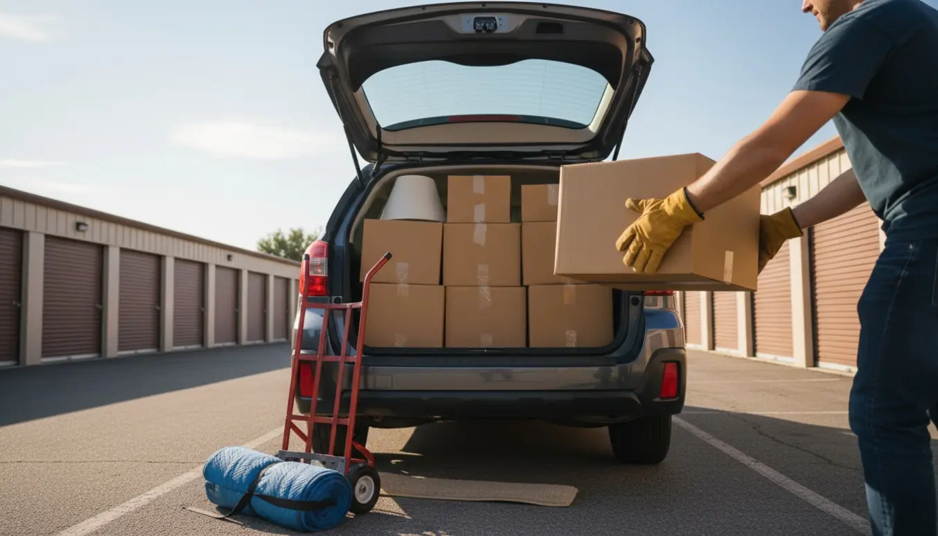 Beskåret billede af en privat bil med åbent bagagerum, hvor ca. 10 flyttekasser og to par hænder læsser kasser ind.
