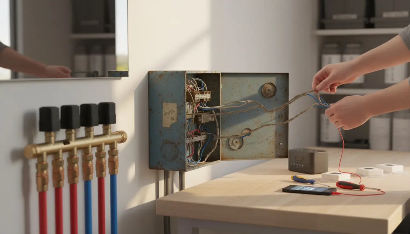 Hænder udskifter et gammelt trådløst gulvvarmesystem med ny styreenhed og termostater i et teknikrum.