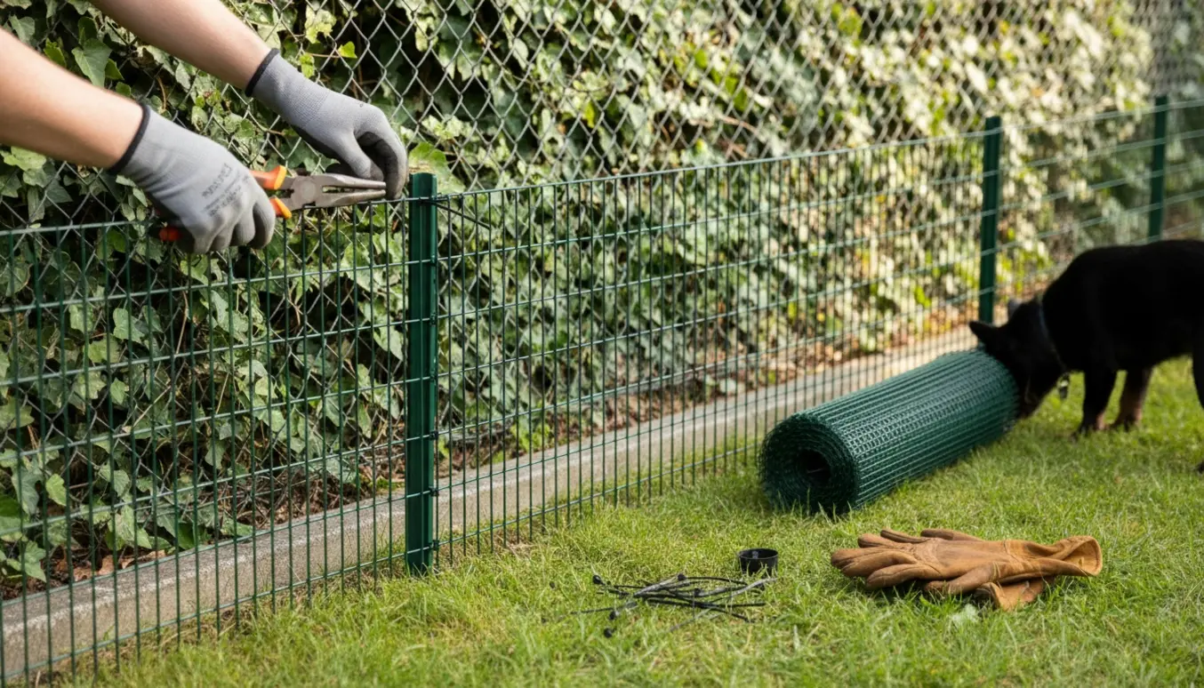 Glænt af hundesikkert inderhegn i fint net monteret foran et efeubeklædt rivhegn, med værktøj og en lille hund set bagfra.