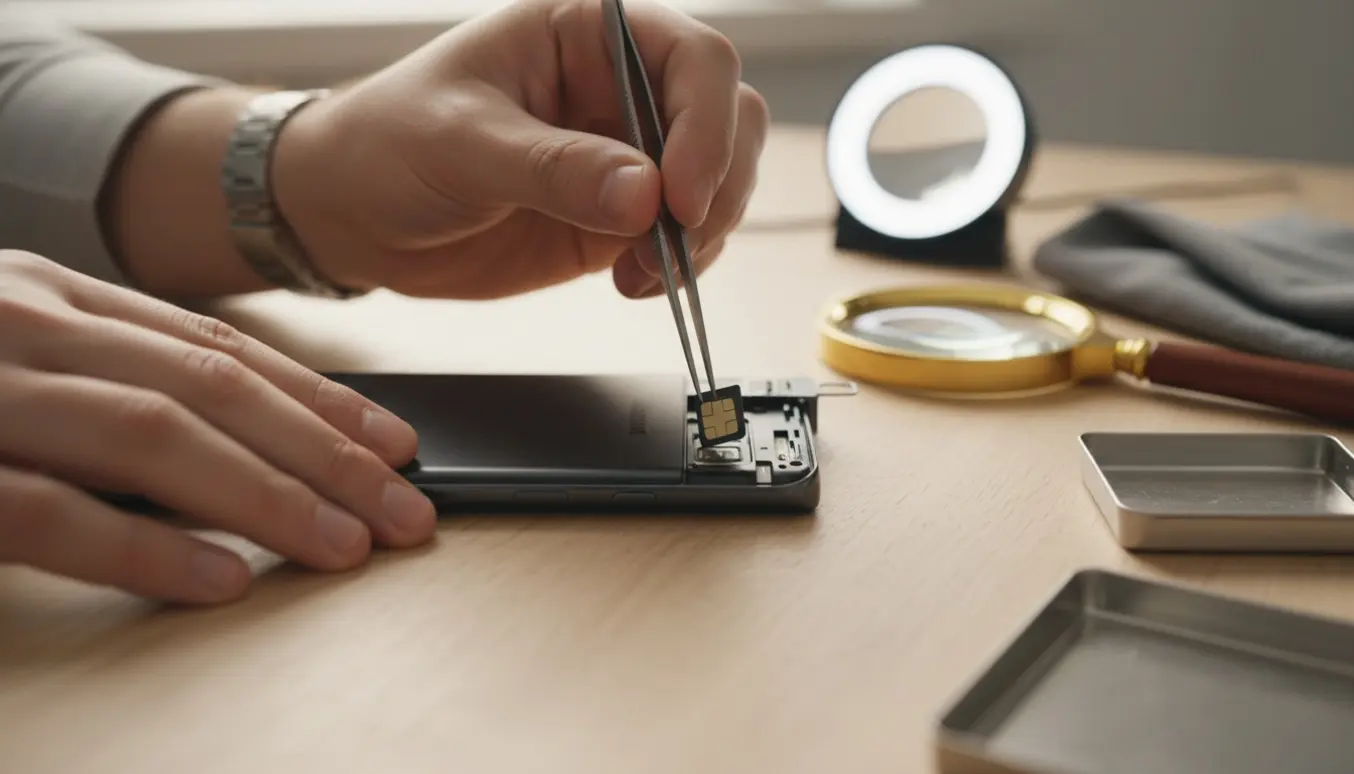 Nærbillede af hænder, der forsigtigt fjerner et fastklemt nano-SIM fra kanten af en S23 Ultra med pincet og nødudstøder.