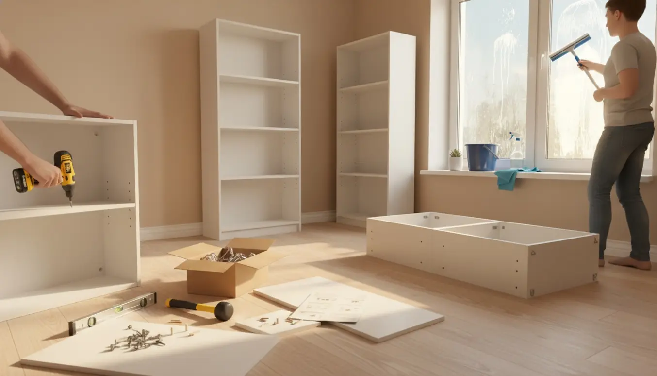 Lyssfyldt stue med samling af hvide fladpakke-reoler og en person, der pudser et vindue med en gummisvaber.