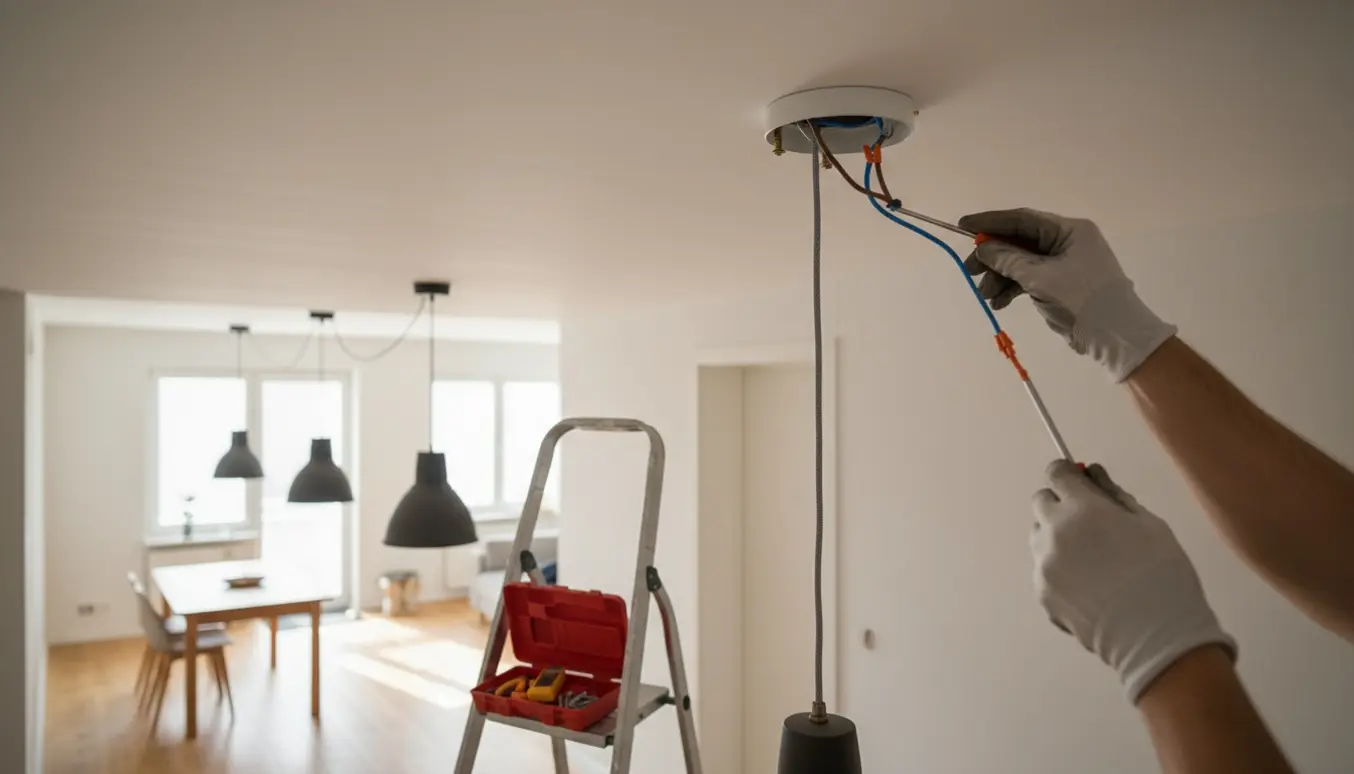 Hænder monterer en loftlampe og samleroset med flere opsatte lamper i en moderne lejlighed.