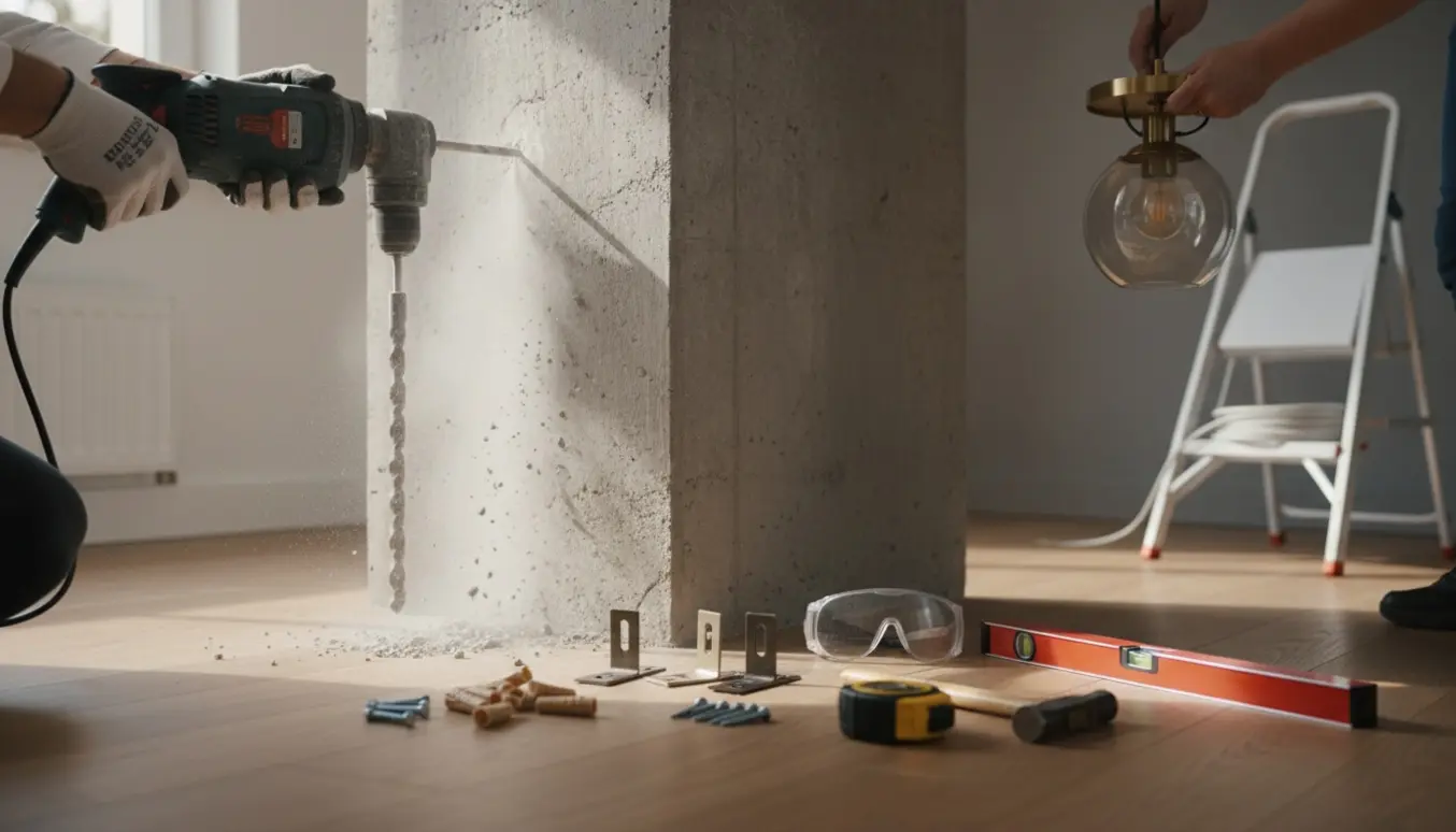 Nærbillede af hænder, der borer i betonvæg for at sætte gardinbeslag, med værktøj og en lampe klar til ophæng.