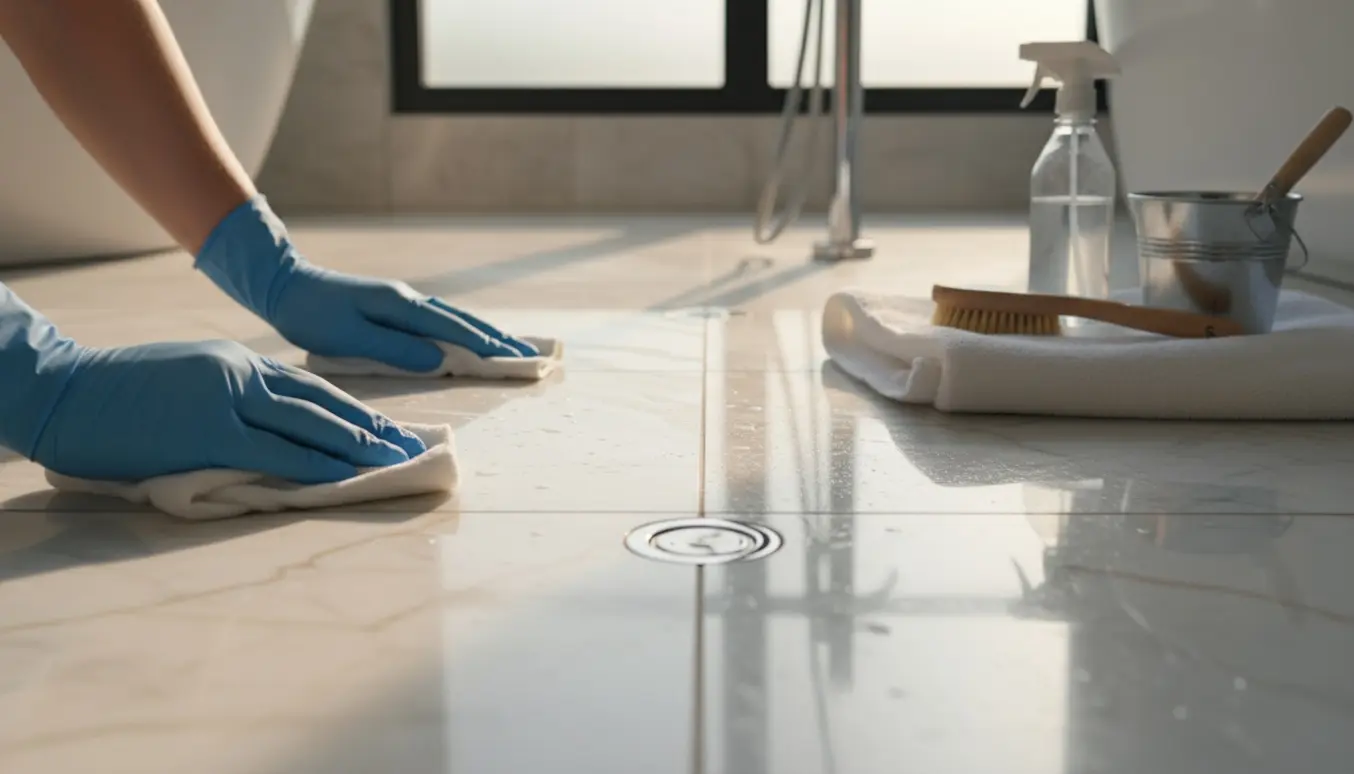 Nærbillede af handskerede hænder, der rengør en marmorgulvflise med mikrofiberklud, med tydelig før-og-efter-kontrast.