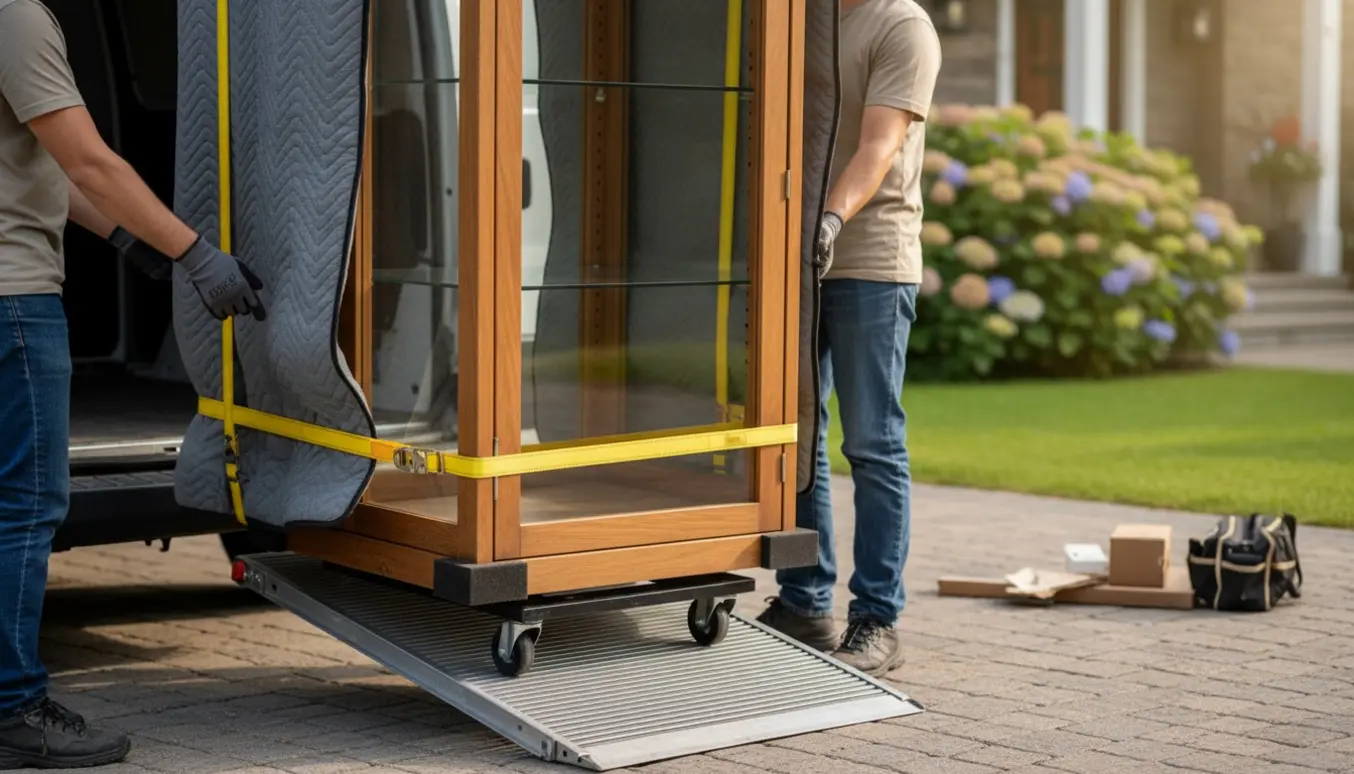 Et vitrineskab pakket i flyttetæpper bæres ud af en varebil foran et hus på en solrig indkørsel.