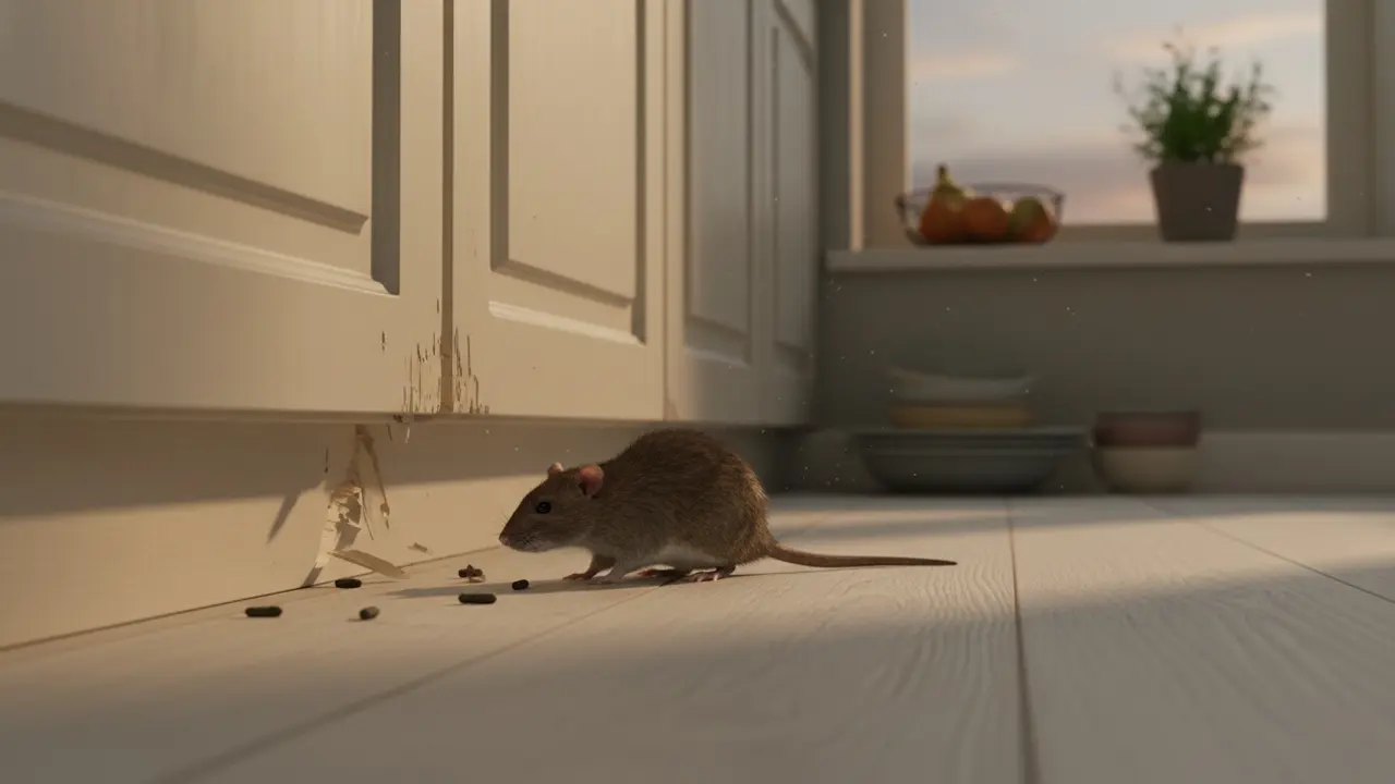 Husrotte ved køkkenskab med gnavespor og ekskrementer
