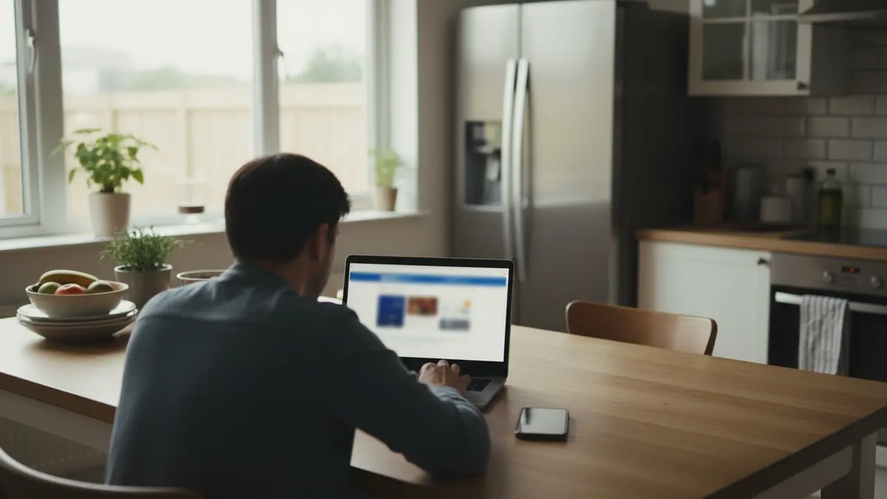 Person anmelder rotter online på bærbar ved køkkenbordet