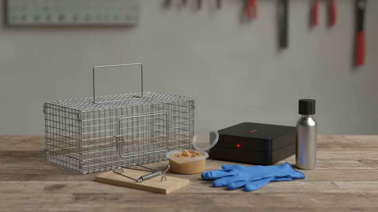 Udvalg af rottefælder på bord: slag-, fangst-, elektrisk og CO2-udstyr