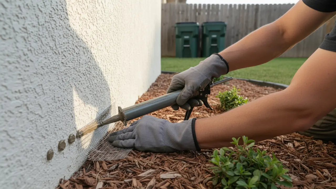 Hånd tætner hul i mur med metalnet og fuge, ryddet have i baggrunden