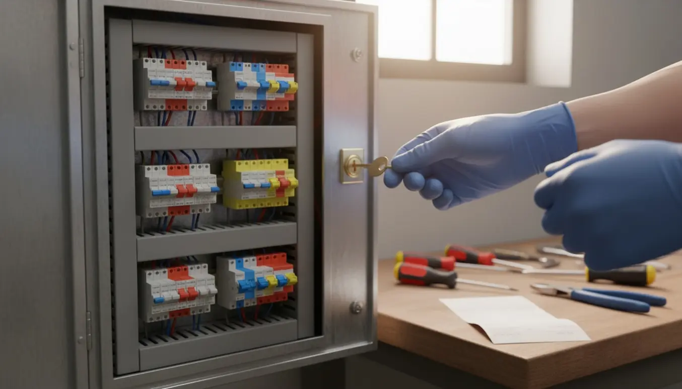 Låsbart elstik med nøgle monteret på siden af en eltavle med fire lejlighedstavler og værktøj på et arbejdsbord.