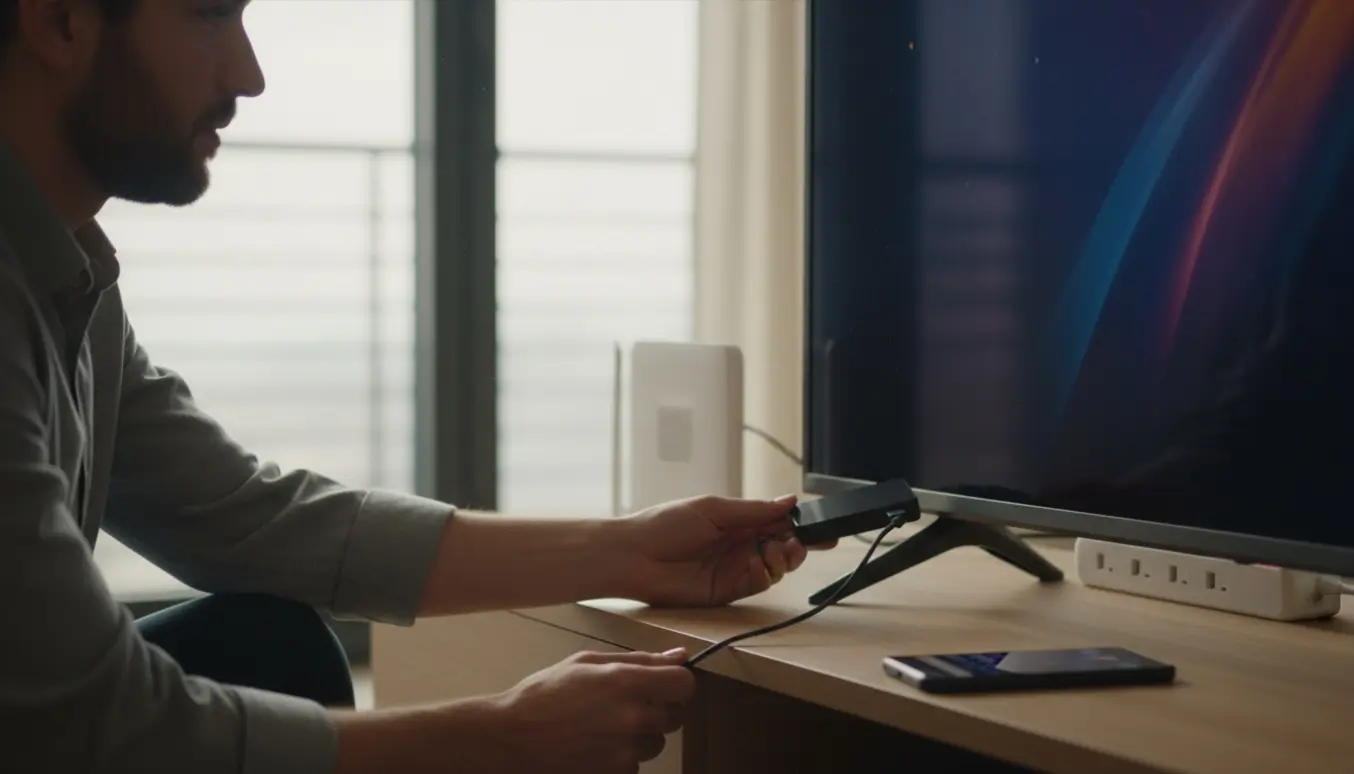 Hænder tilslutter en streaming-dongle til et tv med en smartphone ved siden af.