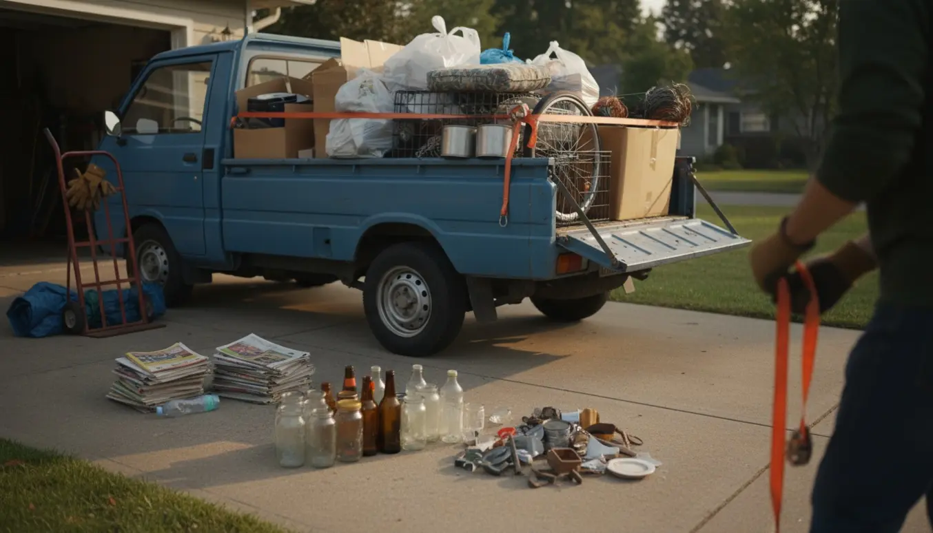 En varevogn på indkørsel med poser og papkasser stablet klar til aflevering på genbrugspladsen.