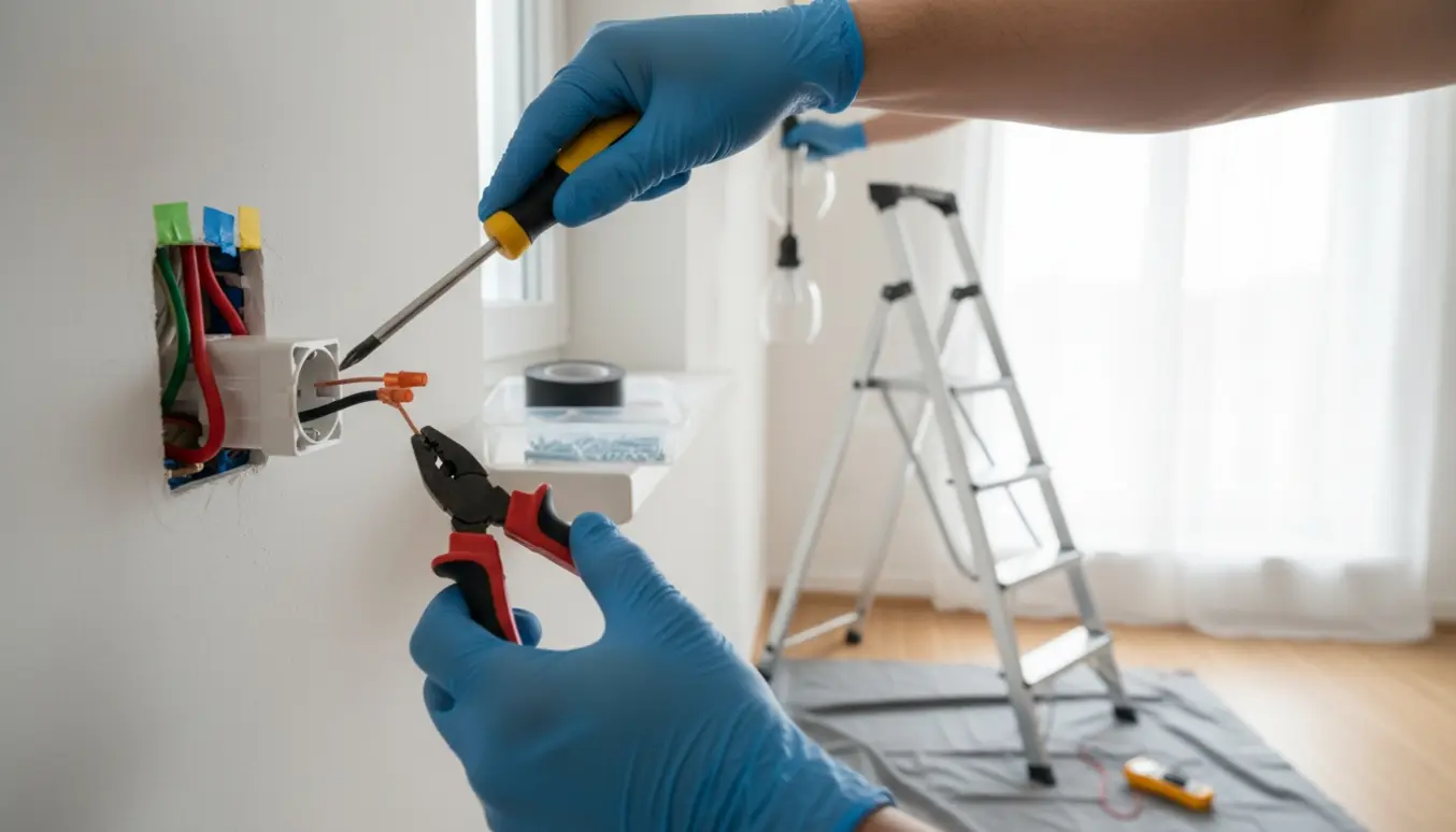 Hænder monterer en afbryder i en åben stikkontakt og hænger en lampe i et loftudtag.
