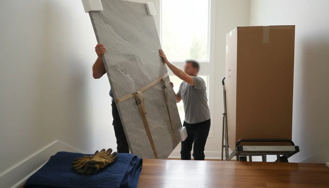 To personer bærer en stor grå travertin bordplade og en pakket borddel op ad en lys trappe med flytteudstyr og beskyttelse.