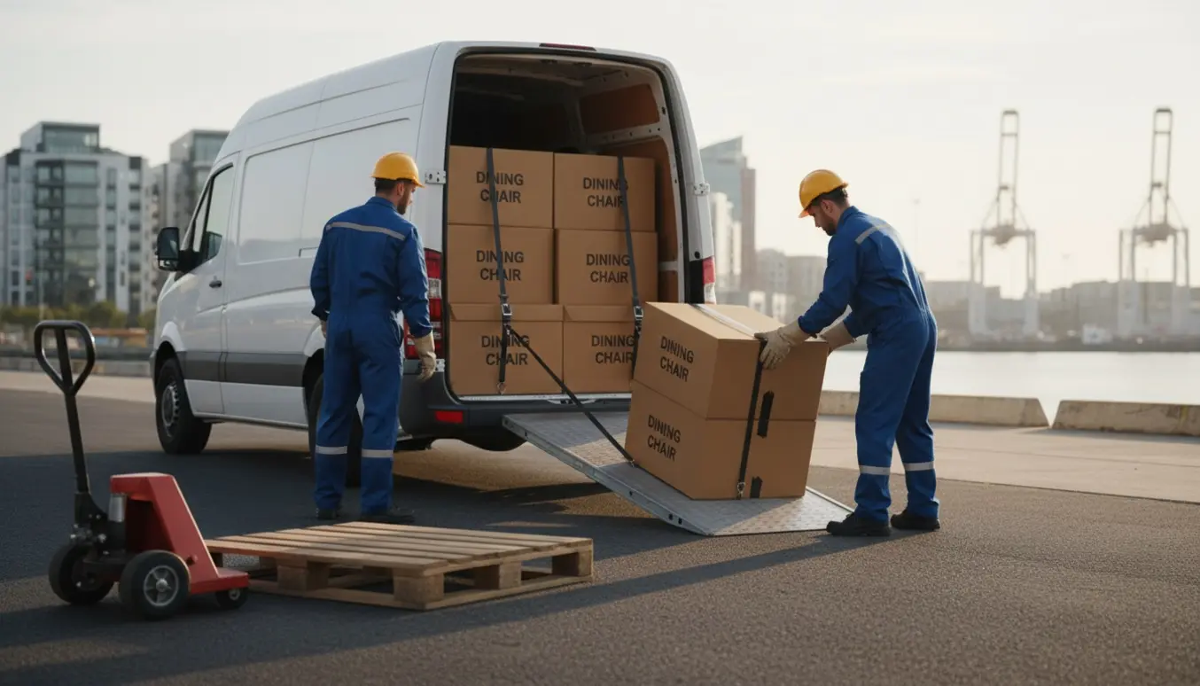 Lastning af 30 flade stolekartoner i en varevogn foran et møbelvarehus, klar til levering til havneområdet.