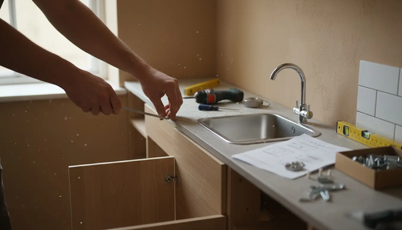 Hænder monterer et kompakt IKEA-lignende køkken med skabsmoduler og værktøj.