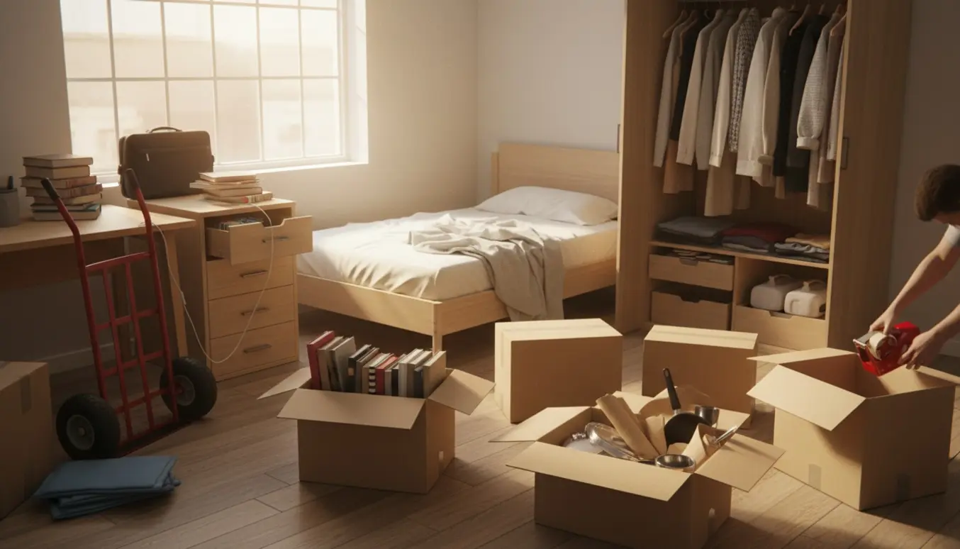 Et soveværelse under flytning med møbler, pakkede kasser, bøger, tøj og indpakkede køkkenting klar til transport.