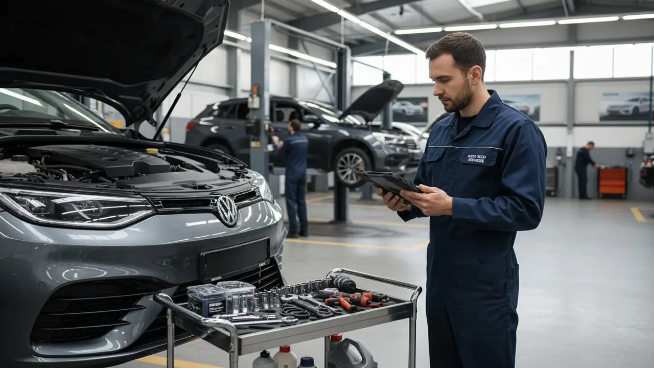 Mekaniker tjekker bilmotor i moderne værksted, diagnosticering og værktøj i fokus