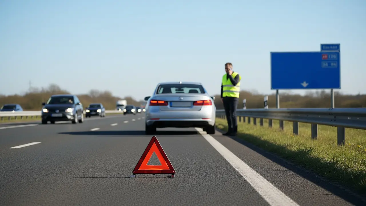Advarselstrekant på vej 50 meter bag havareret bil, person i refleksvest ringer efter hjælp