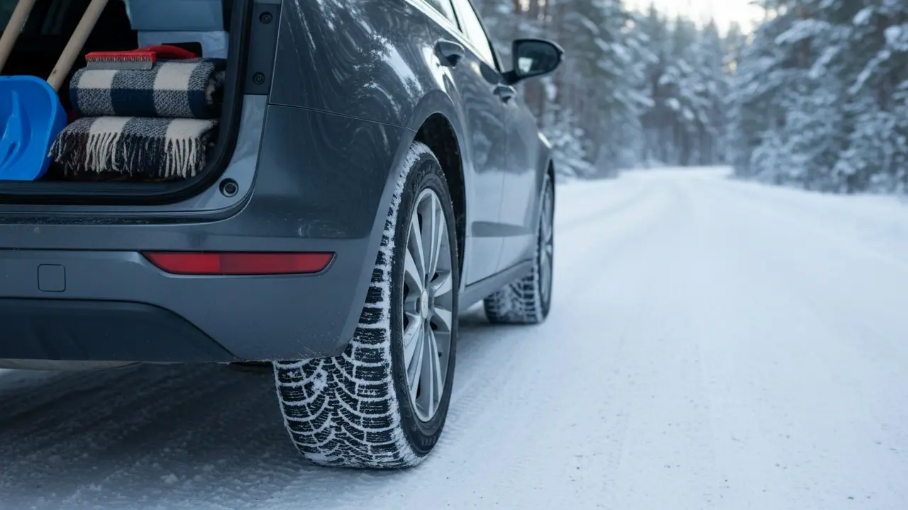 Nærbillede af vinterdæk i sne med isskraber og nødudstyr i bagagerummet