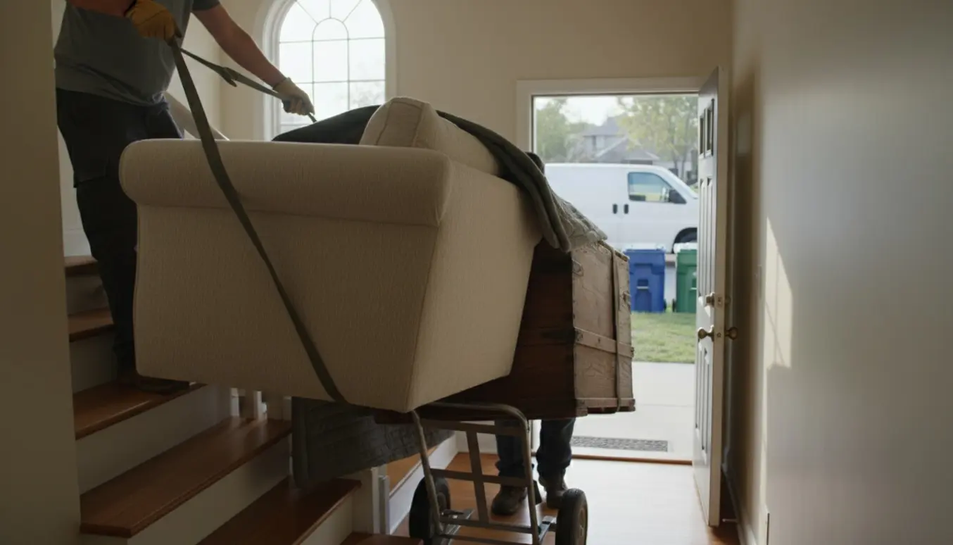 To flyttefolk bærer en sofa og en stor kiste ned ad en trappe og læsser dem i en varevogn til genbrugs.