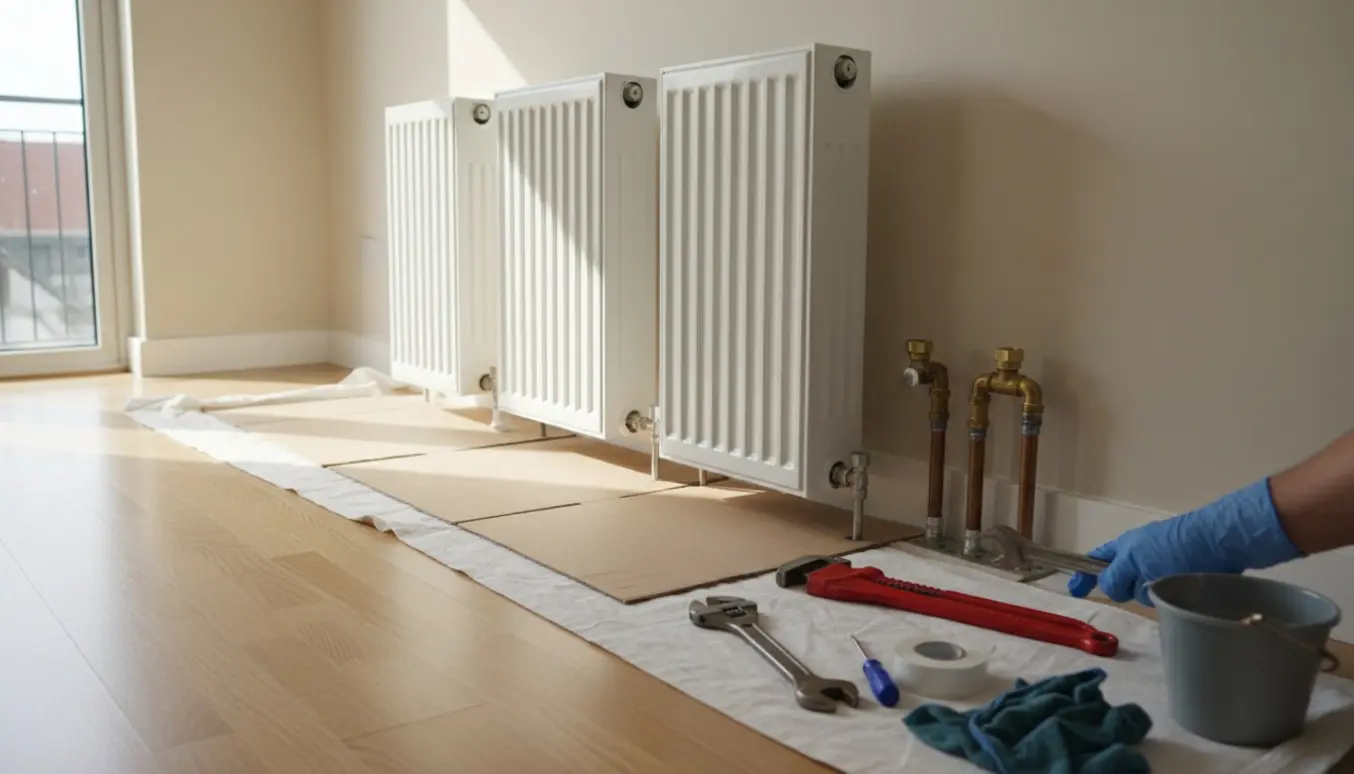 Tre afmonterede radiatorer ligger på gulvet ved siden af synlige radiatorrør og værktøj i et lyst rum.